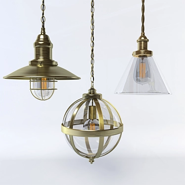 Antique Brass Pendant Lighting Set 3D model image 1 