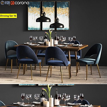 Modern Walnut Dining Set: Chairs, Table & Pendant Light 3D model image 1 