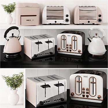 Modern Kitchen Appliance Set: Kettle, Toaster, Bread Box 3D model image 1 