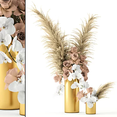 Elegant Brass Vases with Pale Roses 3D model image 1 