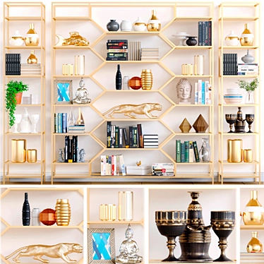 Large decor shelving. Books, decor, figurine, vase, gold