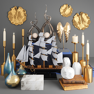 Gold Ship Candlestick Book Set 3D model image 1 