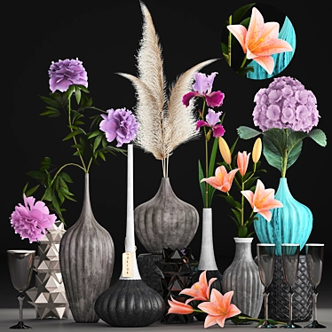 Mixed Floral Bouquet: Hydrangea, Paeonia, Iris & Lilium 3D model image 1 