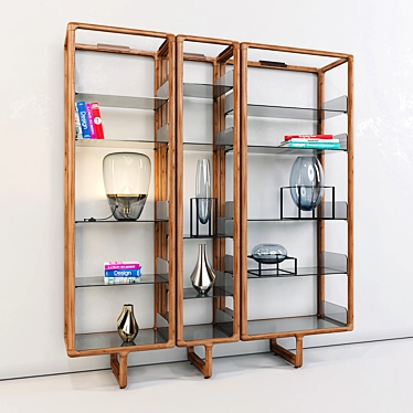 Elegant Walnut Bookcase with Glass Shelves - Myria 3D model image 1 