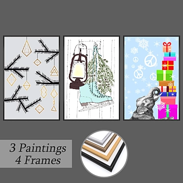 Gallery Wall Set No. 621 - 3 Paintings & 4 Frame Options 3D model image 1 