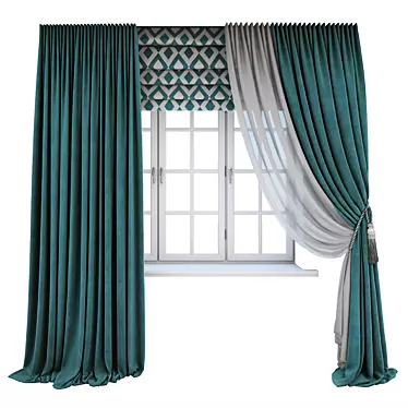 Turquoise Floor-Length Straight Curtains with Geometric Design 3D model image 1 