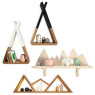 Trendy Teepee Shelves for Kids: Ethnic-inspired Wooden Wall Decor 3D model image 1 