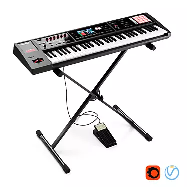 Complete Synth Setup: Roland FA-06, Stand, and Expression Pedal 3D model image 1 