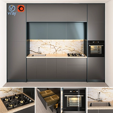 4-Drawer Cabinet with Gas Hob, Hood, Sink, and Oven 3D model image 1 