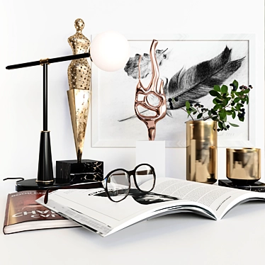 Golden Deco Set: Statuette, Vase, Candlestick, Book, Magazine, Glasses 3D model image 1 