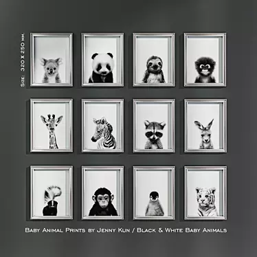Baby Animal Prints by Jenny Kun / Black & White Baby Animals. Size: 320x250mm.