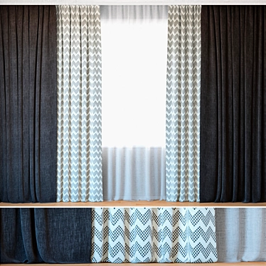 Deluxe Grey Chevron Curtains with Tulle 3D model image 1 