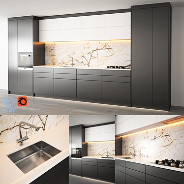 Modern Kitchen Cabinet with Gas Hob, Sink, Oven, and Hood 3D model image 1 