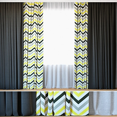 Yellow Grey Black Stripes Printed Curtains with Tulle 3D model image 1 