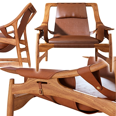 Dynamic Teak & Leather Lounge Chair 3D model image 1 
