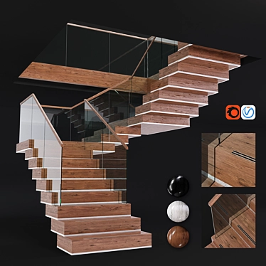 Sleek Glass & Wood Modern Staircase 3D model image 1 