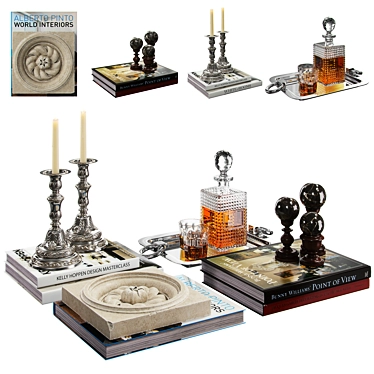 Elegant Décor Set: Books, Decanter, Glasses & More 3D model image 1 