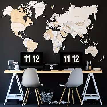 Vintage Office Set with World Map 3D model image 1 