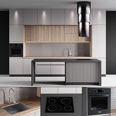 Sleek Stainless Kitchen with Island 3D model image 1 