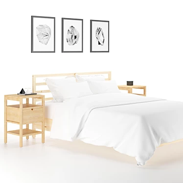Scandinavian Pine Bed Frame & Bamboo Bedside Table 3D model image 1 