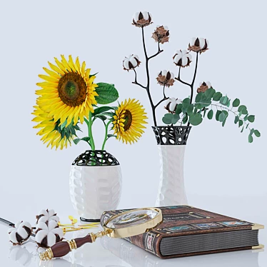 Sunflower and Cotton Decor Set 3D model image 1 