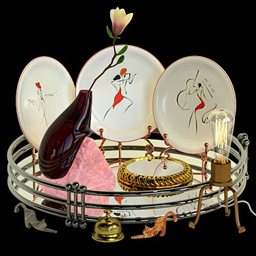 Elegant Decor Set: Tray, Plates, Vase Stand, Bell 3D model image 1 