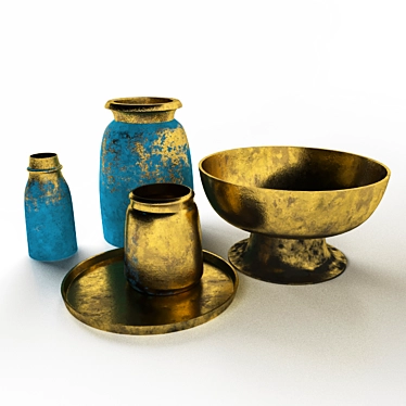 Golden Treasure Decor Set: Vases, Bowl & Tray 3D model image 1 