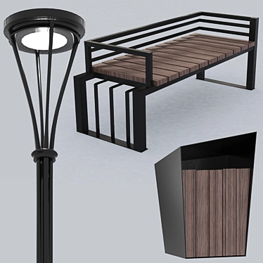 Outdoor Elements: Bench, Urn, Lantern 3D model image 1 
