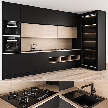 Modern Black Wood Kitchen 3D model image 1 