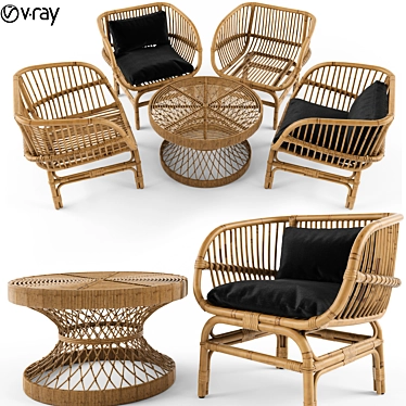 Natural Rattan Lounge Chair & Coffee Table Set 3D model image 1 