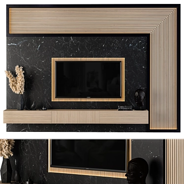 Modern Wood and Black Marble TV Set 3D model image 1 