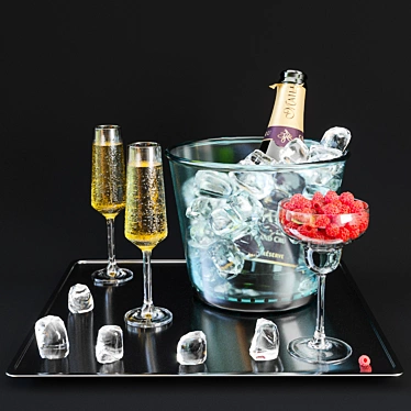 A bottle of champagne on a tray with ice and raspberries.