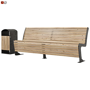 Park Bench & Trash Bin Set 3D model image 1 