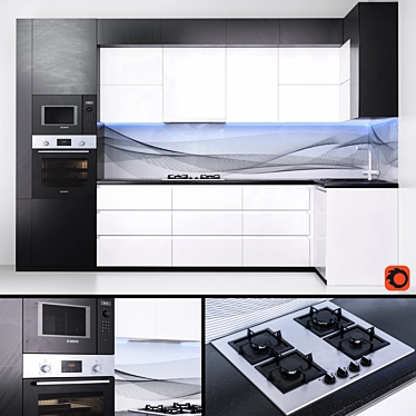 Sleek Black and White Kitchen Set 3D model image 1 