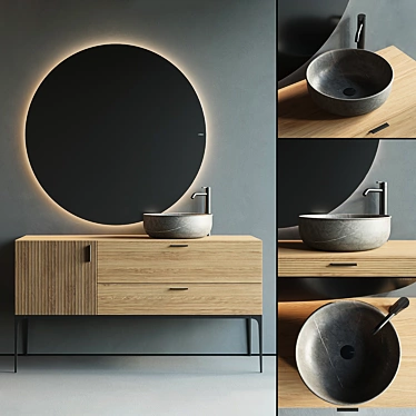 Modern Wood Vanity Unit & Marble Washbasin Set 3D model image 1 