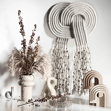 Boho Chic Macrame Decor Set with Berry Branch 3D model image 1 