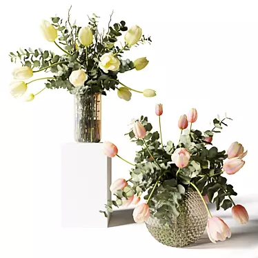 Eucalyptus & Tulip Bouquets in Glass Vases 3D model image 1 