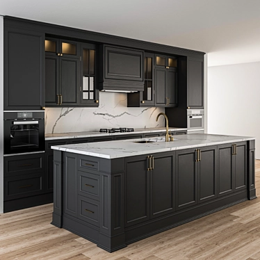 Elegant Gray-Gold Kitchen Set 3D model image 1 
