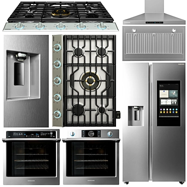 Samsung Appliance Collection: Gas Cooktop, Refrigerator, Ovens, and Hood 3D model image 1 