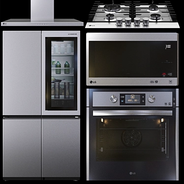 LG Appliance Set: EasyClean Oven, Linear Compressor Fridge, Gas Cooktop, Inverter Microwave, Hood 3D model image 1 