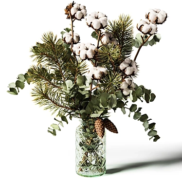 Title: Eucalyptus Pine Cotton Bouquet in Glass Vase 3D model image 1 