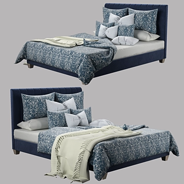 Navy Velvet Oak Wood Leg Bed 3D model image 1 