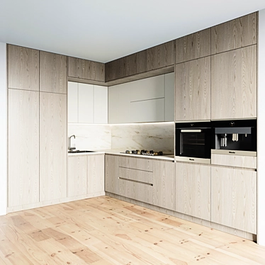 Contemporary Kitchen Set 046: Gas Hob, Sink, Oven, Hood, 4 Drawer 3D model image 1 