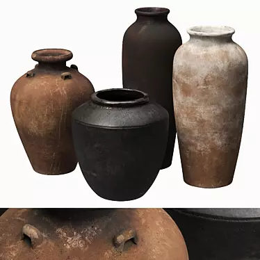 Rustic Relief Ceramic Vases Set 3D model image 1 