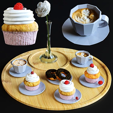 Coffee Bliss: Cupcakes, Donuts, and a Flower 3D model image 1 