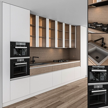 Sleek White & Wood Kitchen 3D model image 1 