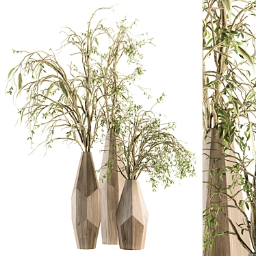 Eco Chic: Green Branch in Wooden Vase 3D model image 1 