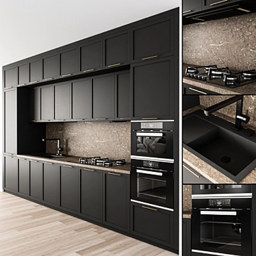 Sleek Neo Classic Kitchen - Black/Brown 3D model image 1 