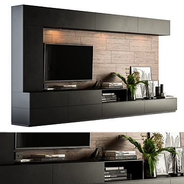 Modern Black and Wood TV Wall 3D model image 1 