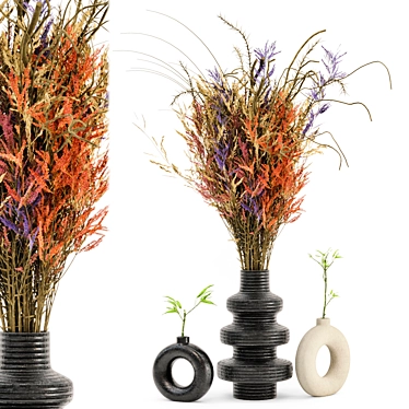 Rustic Concrete Pot Set with Indoor Dried Plants 3D model image 1 